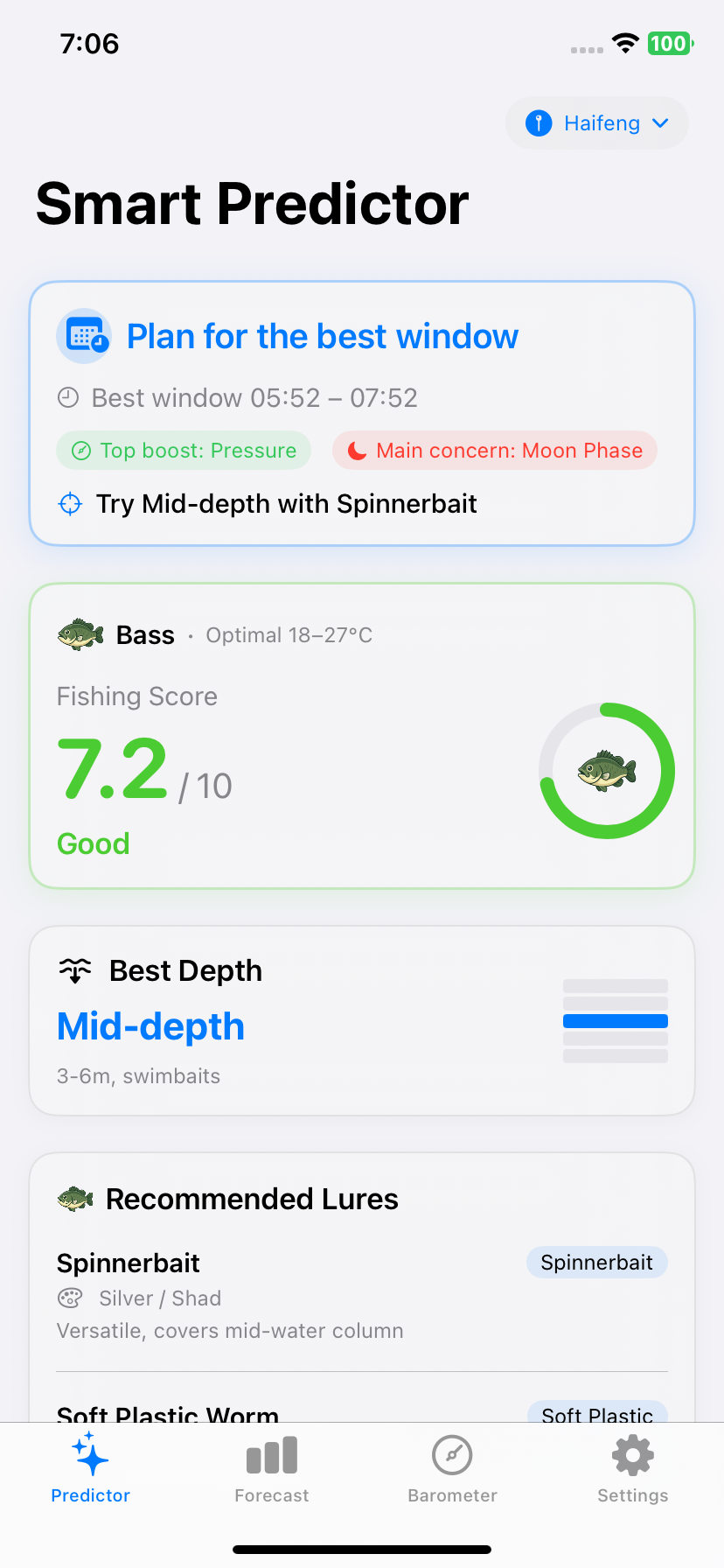 Fishing score, best window and lure guidance in the actual app